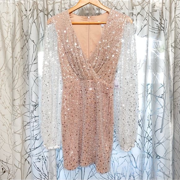 NADINE MERABI WHITE SILVER SEQUIN BEADED BALLOON LONG SLEEVE v-neck MAYA DRESS - Picture 7 of 14